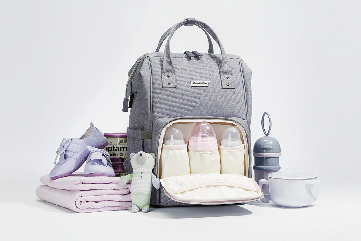 Gray diaper bag with baby items on a white background
