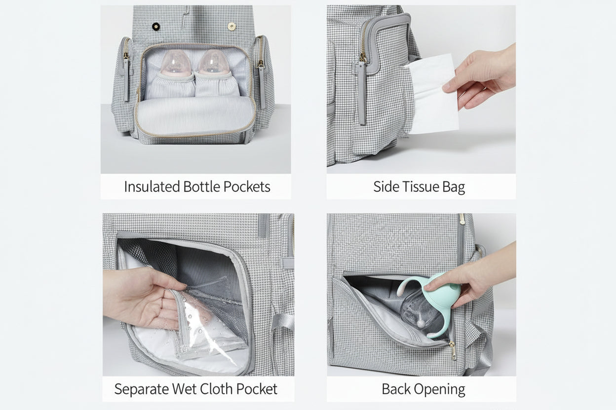 Gray diaper bag with various compartments and features on a white background