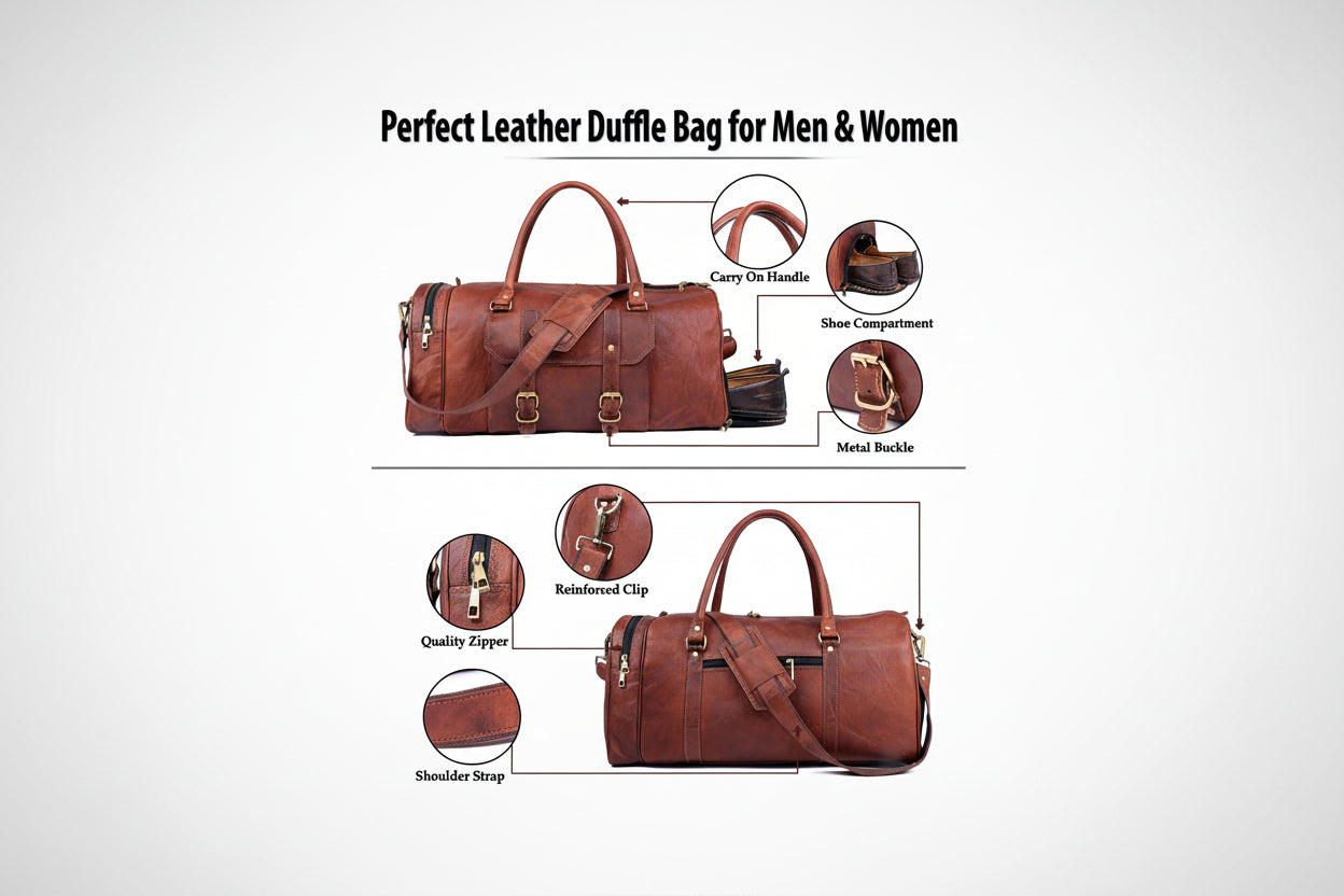 Brown leather duffle bag with features highlighted on a white background