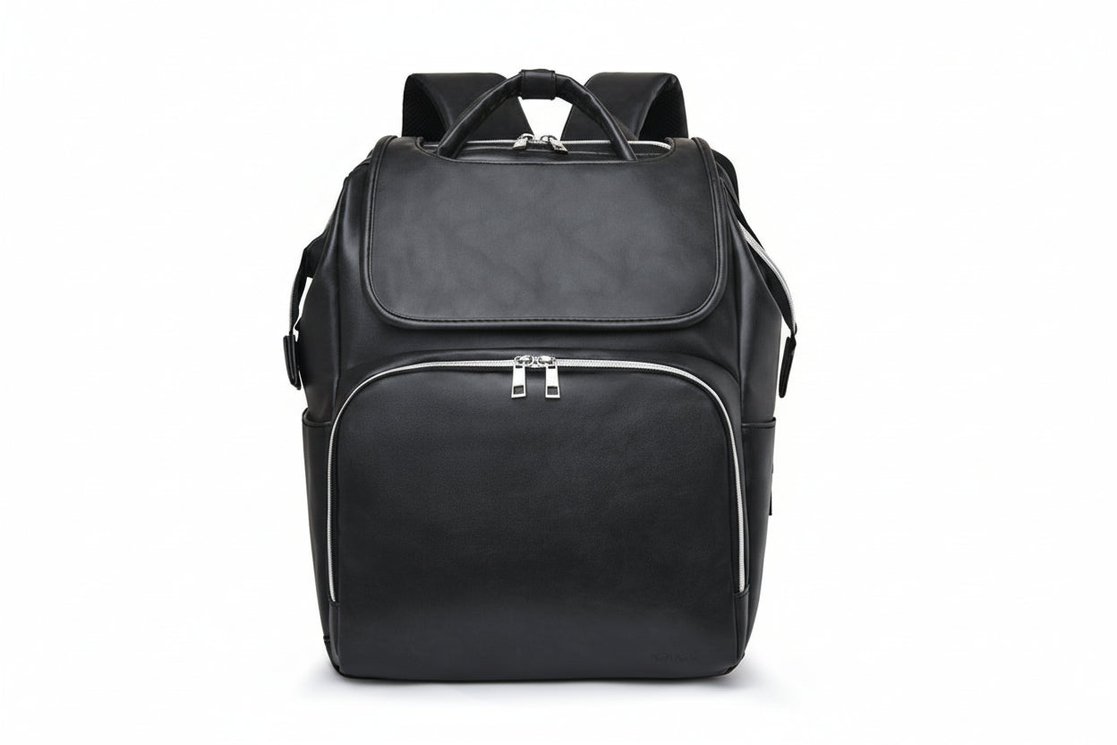 Black backpack with zippers on a white background