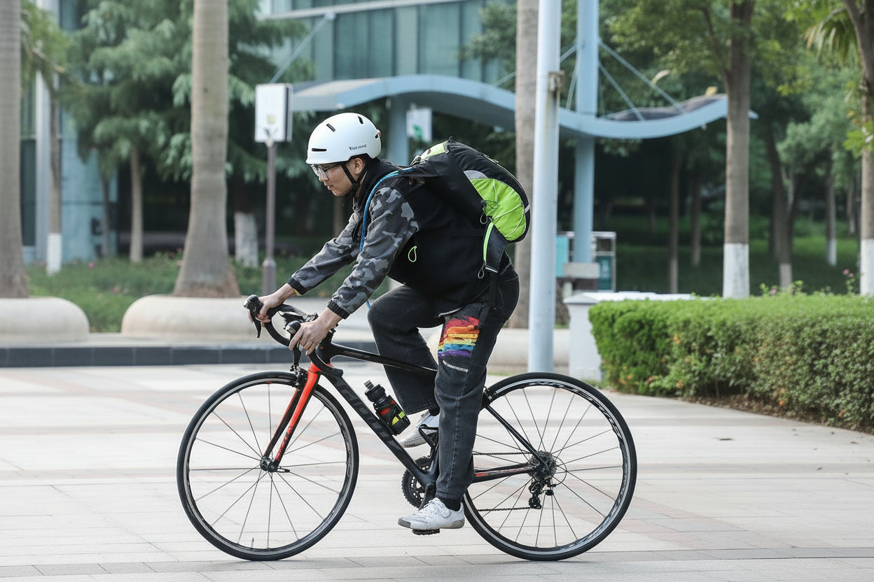 Person riding a bicycle on a sidewalk with a backpack and helmet.