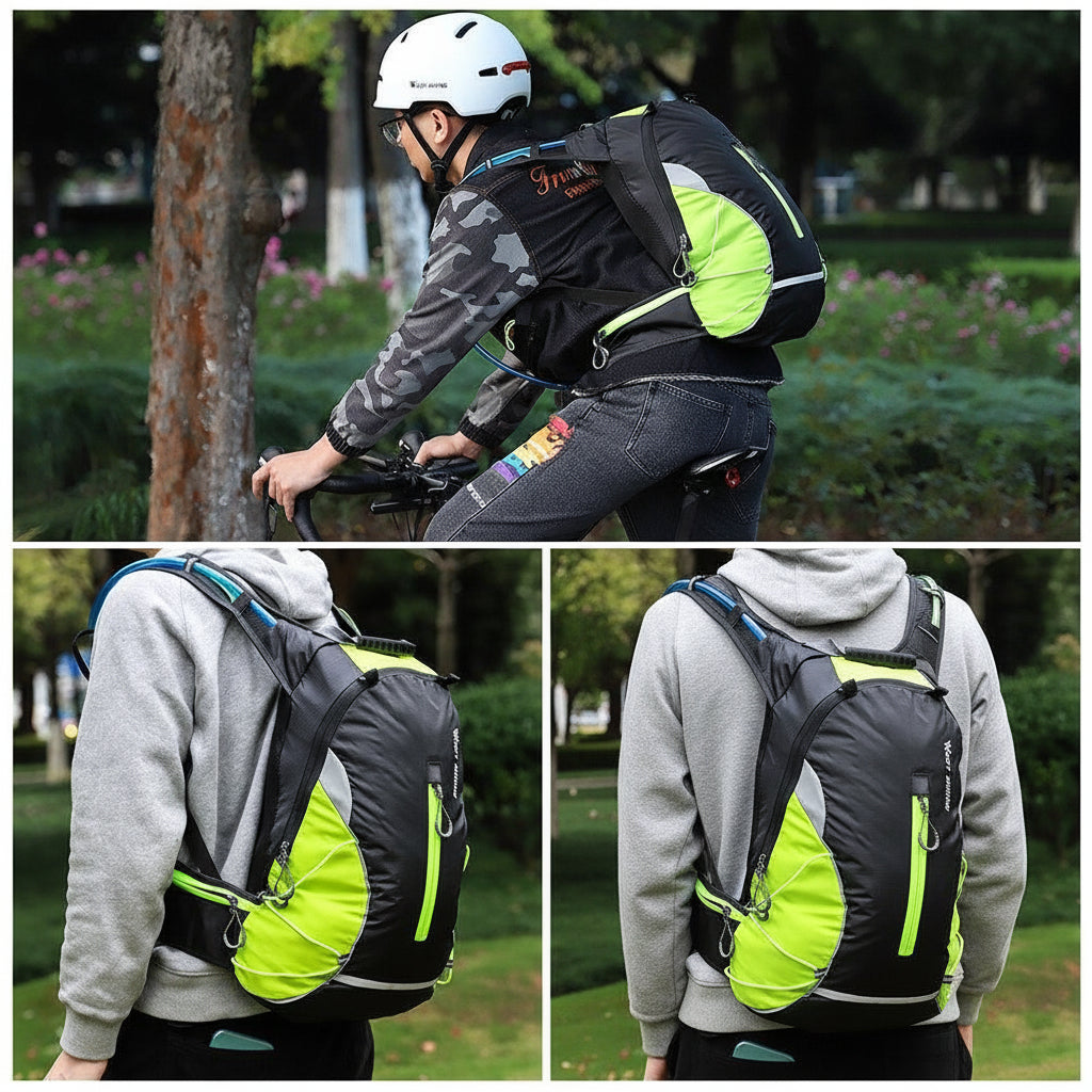 Person wearing a black and green backpack outdoors in a park setting