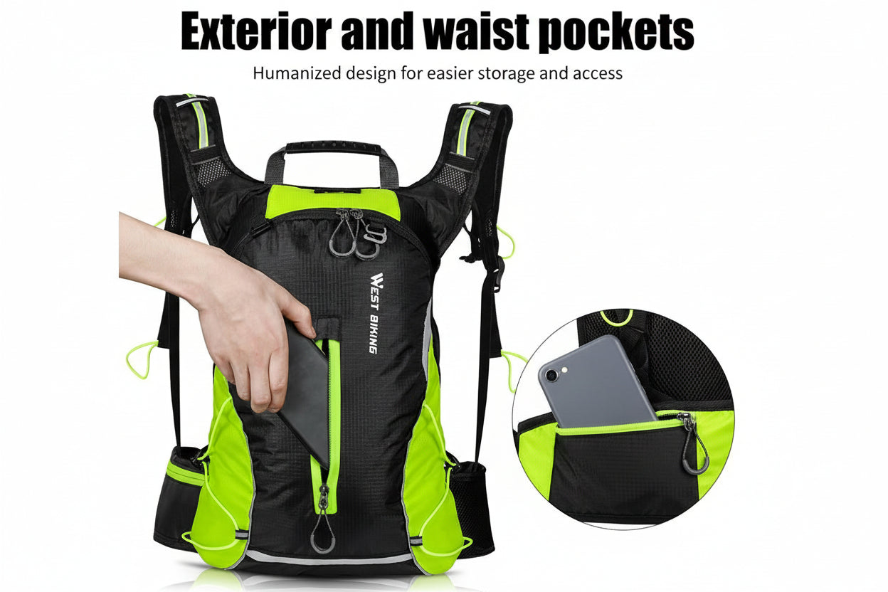 Black and green backpack with exterior and waist pockets, featuring West Biking branding.