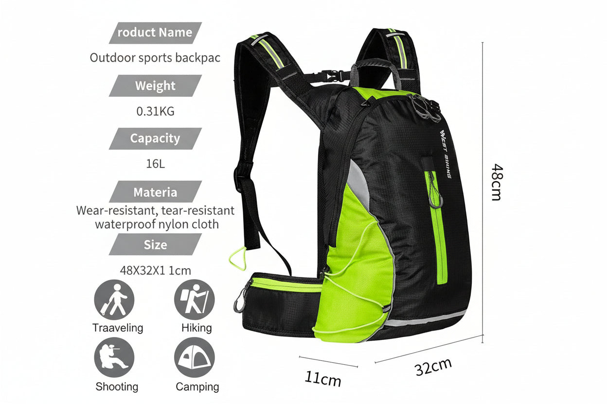 Black and green outdoor sports backpack with product information on a white background