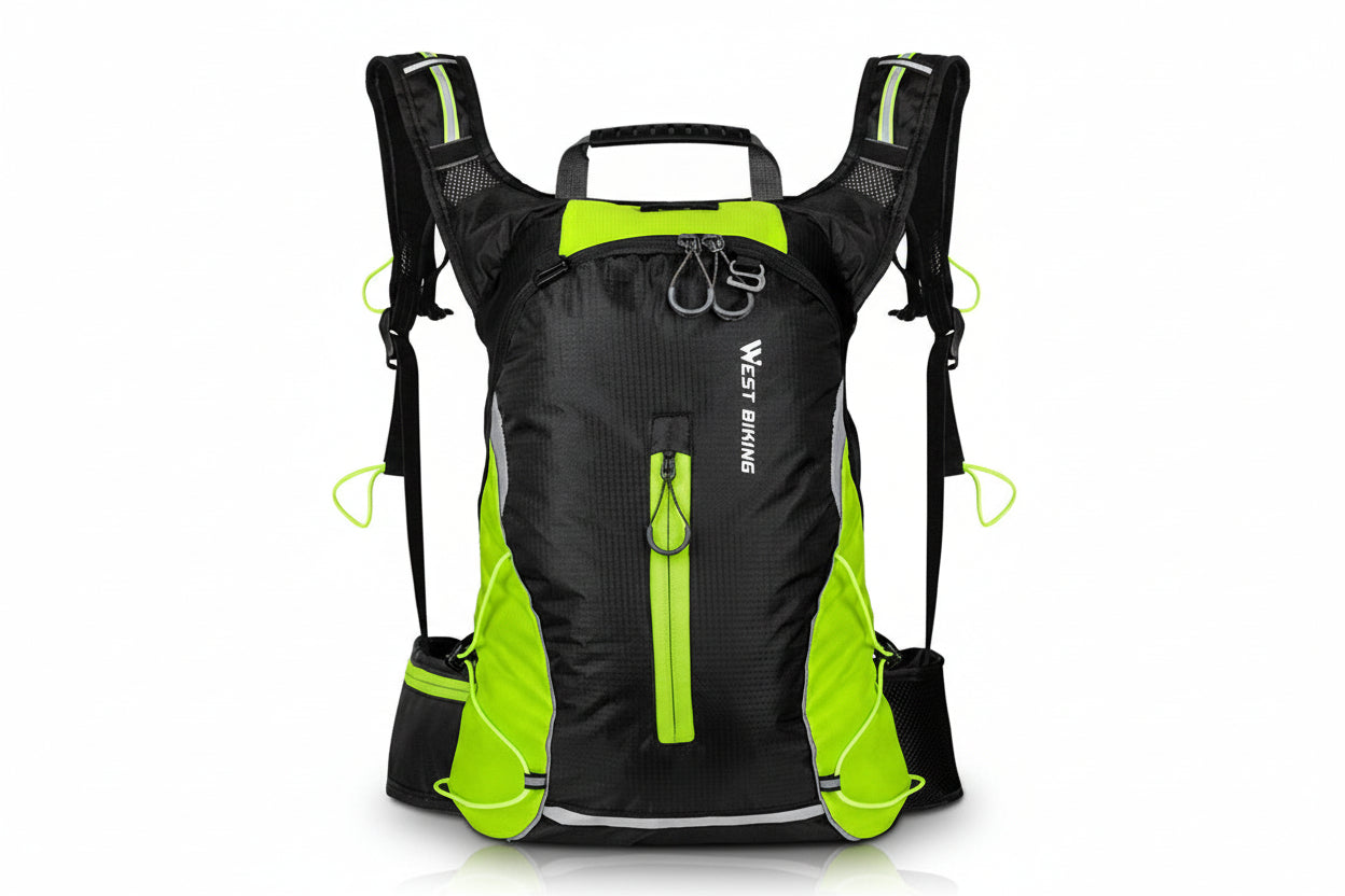 Black and green backpack with visible brand name on a white background